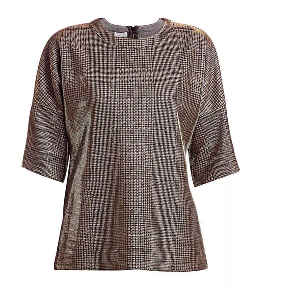 Akris Punto Metallic Lurex Glen Check Top 3/4 Sleeve Plaid Silver Women's 12 - Picture 1 of 9